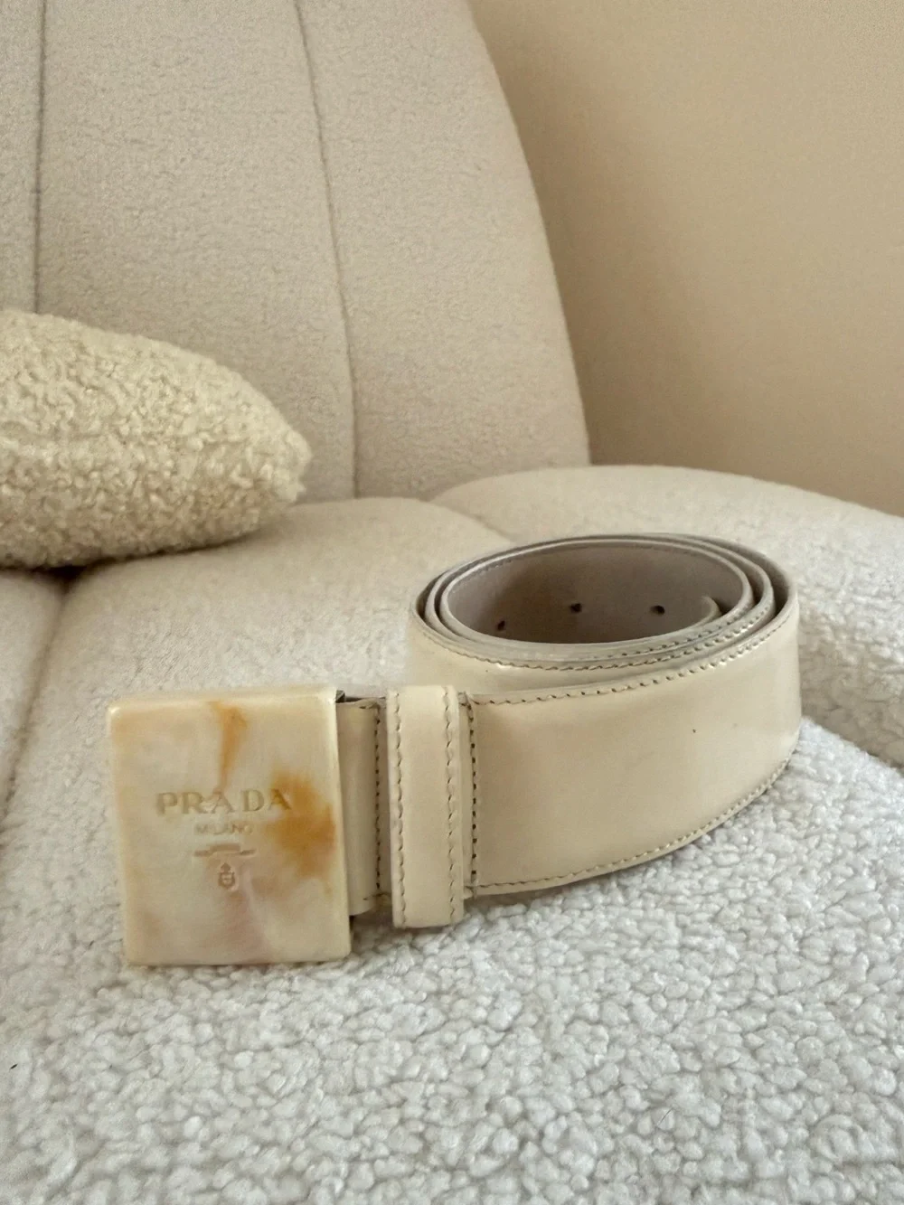 Vintage 90’s Prada Tortoiseshell Patent Leather Belt Ivory White 25 / 80 S
